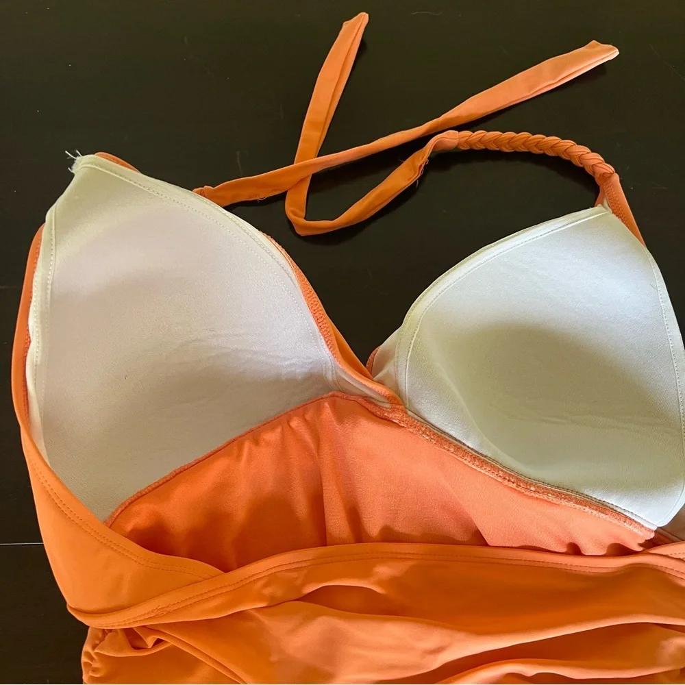 Bleu Rod Beattie orange one piece swimsuit halter braided tie padded bust